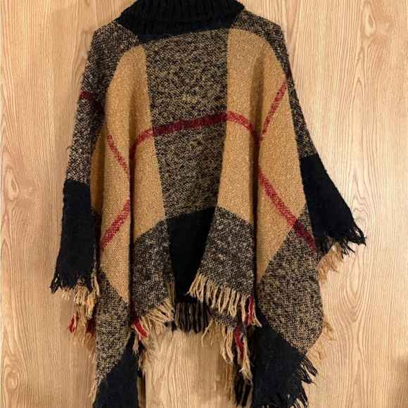 Steve Madden Plaid Poncho Sweater - Black, Tan, and Red - Picture 2 of 4